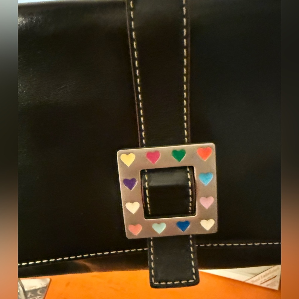 Dooney &  Bourke Black Leather Shoulder Bag with Pink Strap and Heart Accent - Picture 6 of 14
